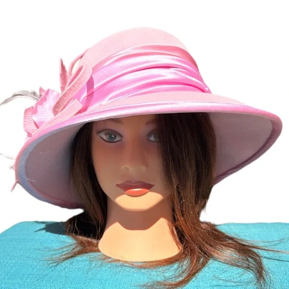 Something Special 100% Felt Pink Brim ribbon feathers Ladies Dress Hat Floral - Picture 3 of 12